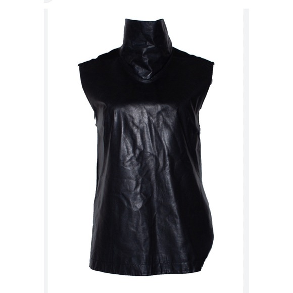 Helmut‎ Lang Black Leather Sleeveless Top – Minimalist V-Neck – Size 4 - Picture 2 of 7